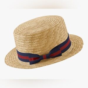 Stylish Straw Hat with Navy and Red Ribbon